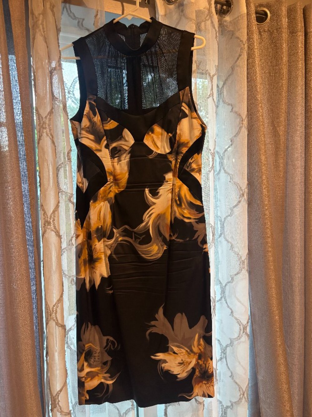 Karen Millen Black Floral Satin Mesh Neck Cocktail Party Pencil Dress Sz 12